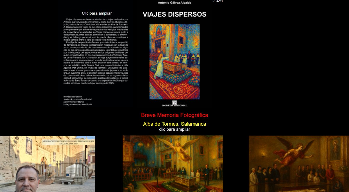 morfeoeditorial's tweet photo. Presentación de la web, en desarrollo, de la segunda novedad de Morfeo Editorial: VIAJES DISPERSOS (cliquen en los enlaces de los dos periódicos salmantinos).

La web:
https://t.co/xTSZf3WcL0

#LibroDeViajes #MorfeoEditorial #Ripoll #Montblanc #Cordoba #Granada #AlbaDeTormes https://t.co/Uvy4ovoe1y