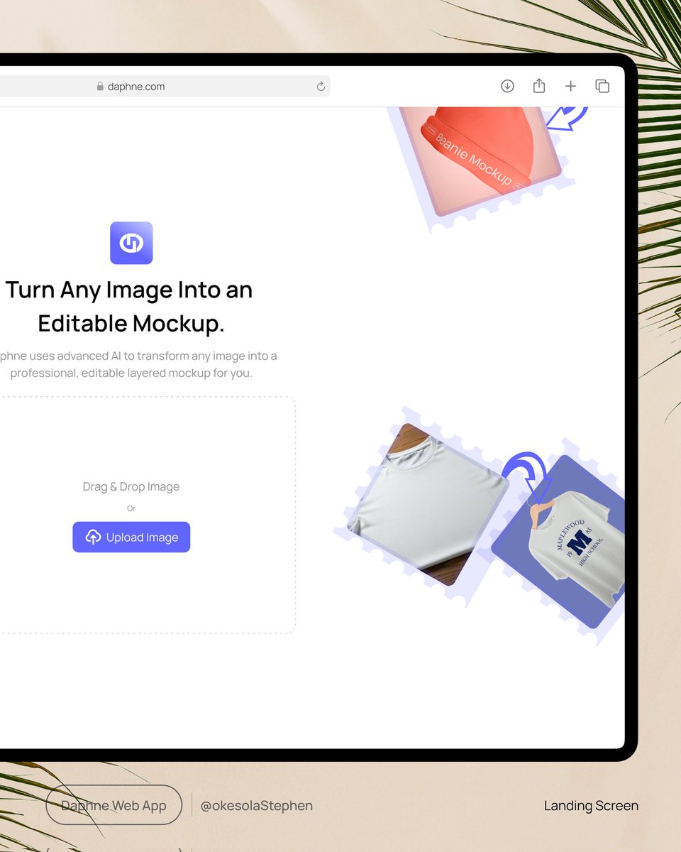 OkesolaAyomide's tweet photo. First screen of Daphne : An Image to Mockup tool 🚀✨️
Here are shots of the landing screen. The screen that sets the tone for the entire flow.
More screens will be dropping as I go.
#ProductDesign #FintechDesign #UIDesign #UserExperience #DesignFlow #AtoZ #LetterD https://t.co/by1BpjQUpF