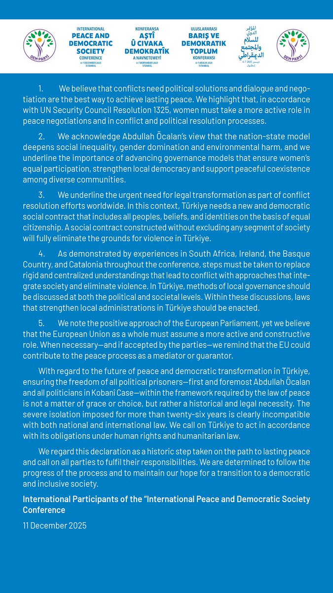 The final declaration of our International Peace and Democracy Conference held in Istanbul on 6–7 December.