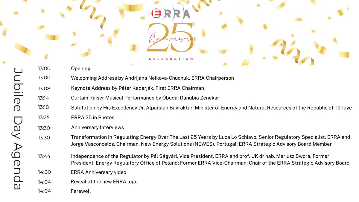 ErraNews's tweet photo. ⚡✨ 25 Years of Energy Regulation Excellence! ✨⚡
On Dec 11, ERRA celebrates its 25th Anniversary 🎉 
📺 Join the YouTube Live Webinar today at 13.00 CET
🔗 https://t.co/0YWiXPfmMS https://t.co/HsBaT4N9ED