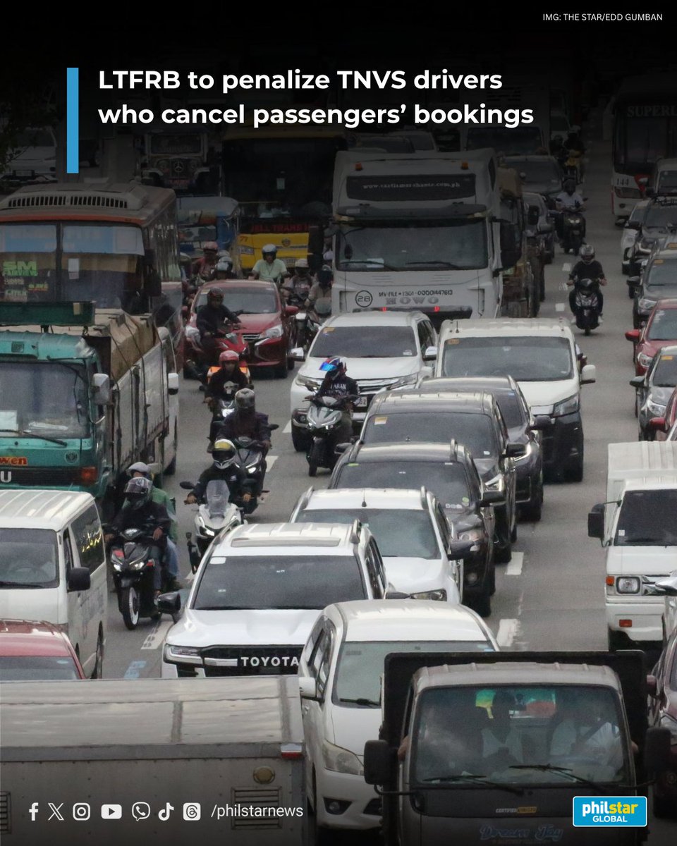 BAWAL ANG CANCEL NANG CANCEL!

The Land Transportation Franchising and Regulatory Board (LTFRB) on Thursday, December 11, announced that it will impose fines on Transport Network Vehicle Services (TNVS) that cancel passengers’ bookings.

Read: philstar.com/headlines/2025…