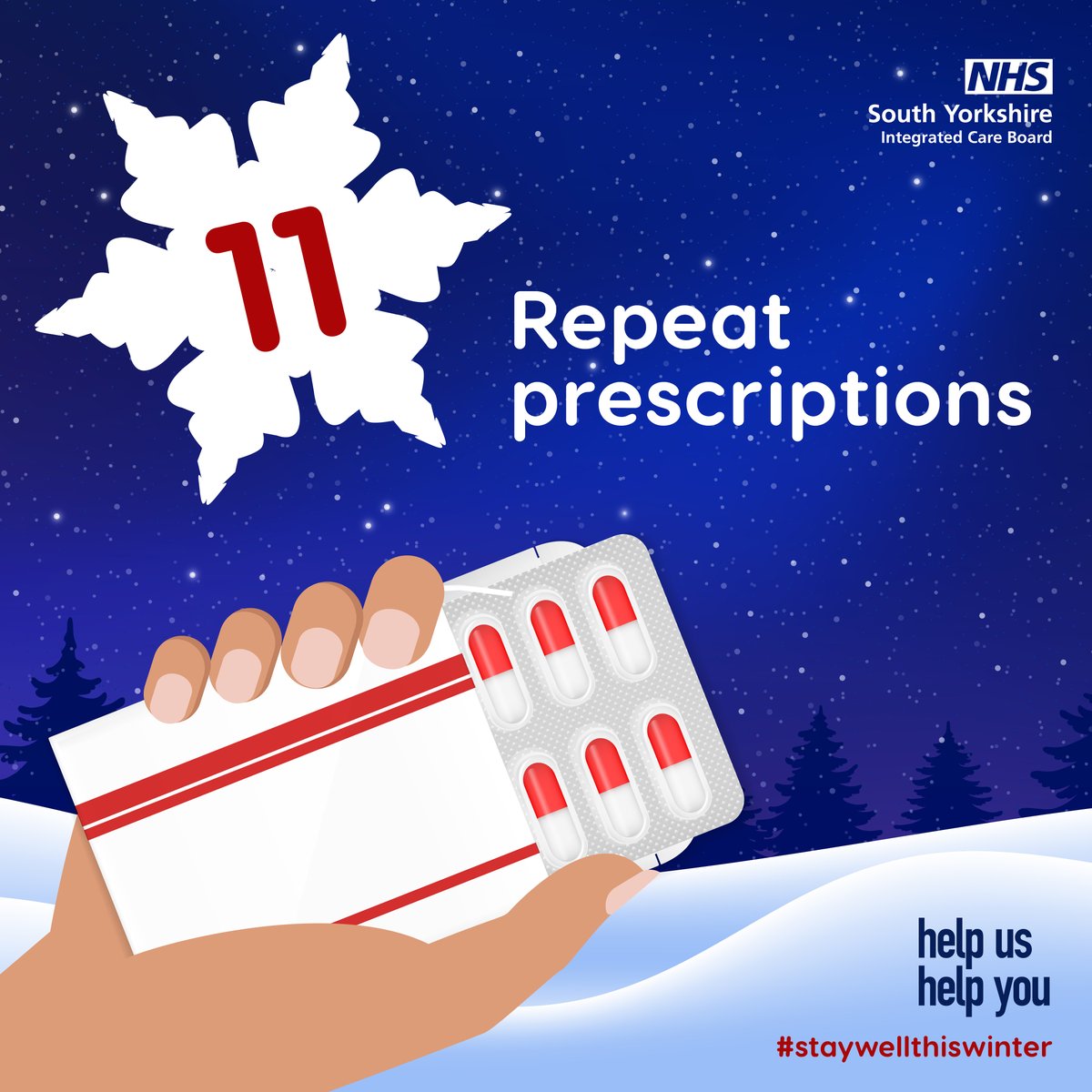 SheffieldHCP's tweet image. It’s Christmas Day 2 weeks today. On regular medication? Check that you have what you need to see you through the festivities. If not, order a repeat prescription from your GP practice before the festive break #HelpUsHelpYou #StayWellThisWinter