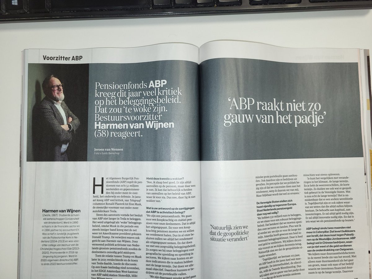 Harmen van Wijnen (ABP) over kosten in kerstnummer EW: 'Als ik over vier jaar afscheid neem, en het is dan maximaal vijf tientjes per deelnemer per jaar, dan zou ik heel blij zijn.' (Kosten in 2024: 124 euro). En verder veel over zijn vermeend 'woke' beleggingsbeleid.