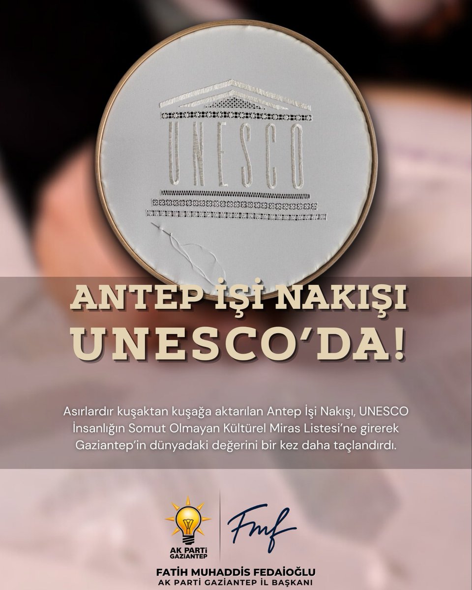 AKPartiG_Antep's tweet photo. Antep İşi Nakışı, 20. UNESCO Somut Olmayan Kültürel Miras Komite Toplantısı’nda İnsanlığın Somut Olmayan Kültürel Mirası olarak tescillendi.

Asırlardır beyazın zarafetini ilmik ilmik işleyen bu kadim sanatımızın dünya çapında hak ettiği değeri bulmasından büyük gurur duyuyoruz. 🌟

Bu süreçte emek veren Yaşayan Miras ve Kültürel Etkinlikler Genel Müdürlüğümüze, Gaziantep Büyükşehir Belediyemize ve katkı sunan tüm paydaşlara teşekkür ediyoruz.
Gaziantep’in kültürel mirası, dünyayla buluşmaya devam ediyor.

@MehmetNuriErsoy 
@abuyukgumus 
@fmfedaioglu 
@FatmaSahin 
@TCKulturTurizm 
@Akparti