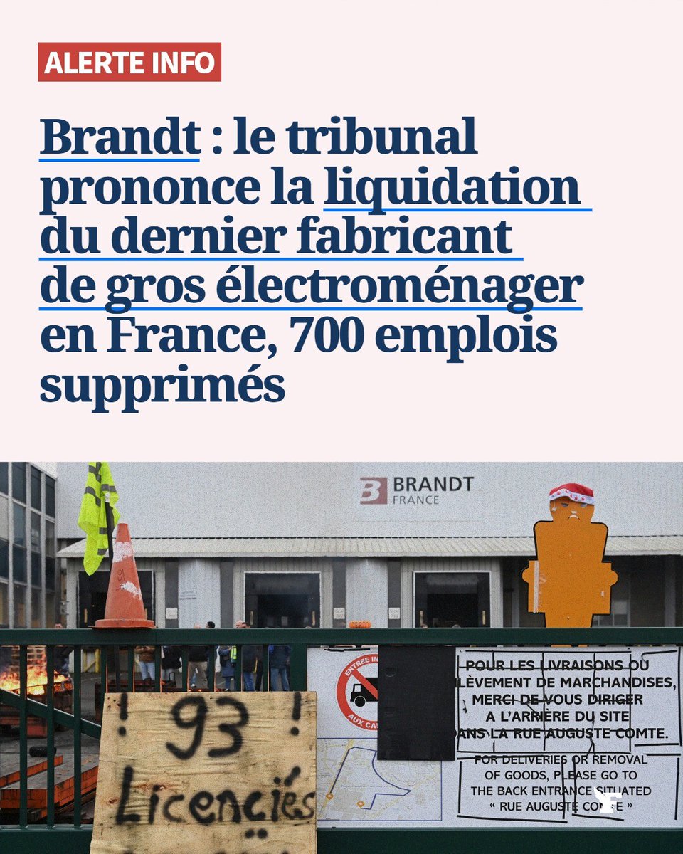 Le_Figaro's tweet photo. Clap de fin pour le dernier fabricant de gros électroménager en France. Ce jeudi, le tribunal des activités économiques de Nanterre a annoncé la liquidation de Brandt. Avec cette décision du tribunal, quelque 700 emplois devraient être supprimés.
→https://t.co/0asvnuDMMD https://t.co/x0AoO2vAxy