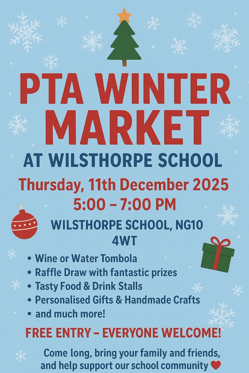 PTA Winter Market tonight in the Wilsthorpe School diner with live music from the Wilsthorpe Harmony Group. Free entry, gifts, prizes and food available! Thursday 11thDecember 5pm-7pm.
