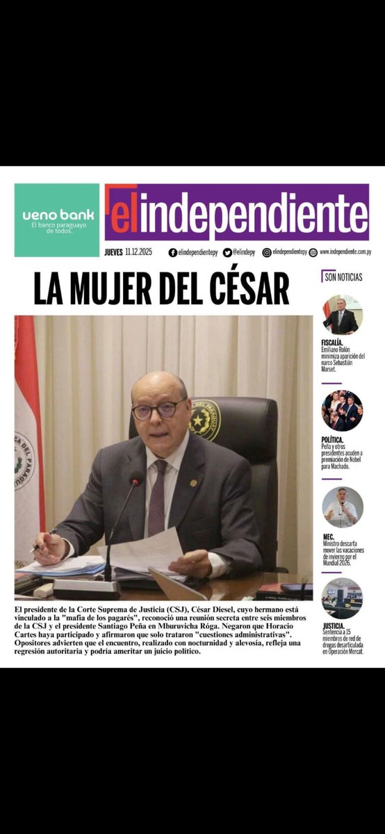 SEPARACIÓN DE PODERES, CAE "EN GORRA", ANTE REUNIÓN "SECRETA" DE 6 MINISTROS DE CORTE SUPREMA DE JUSTICIA( CSJ)CON PDTE DE LA RCA,comprometiendo, gravemente,la ya,poca,seguridad jurídica existente, y la fragil institucionalidad del país, generandole grave daño. JUICIO POLITICO !