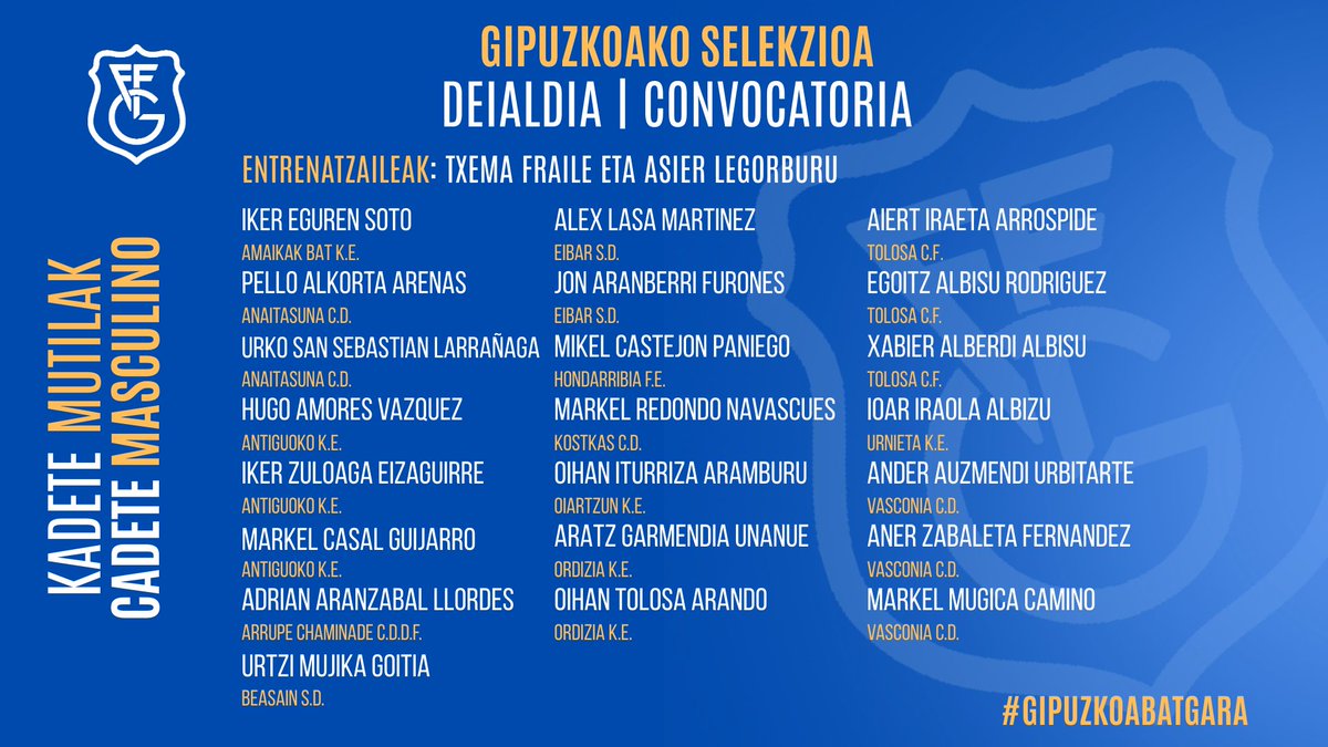 gipuzkoafutbola's tweet image. 🔵⚪️ 𝐊𝐀𝐃𝐄𝐓𝐄 𝐌𝐔𝐓𝐈𝐋𝐄𝐍 𝐆𝐈𝐏𝐔𝐙𝐊𝐎𝐀𝐊𝐎 𝐒𝐄𝐋𝐄𝐊𝐙𝐈𝐎𝐀

Hona hemen Txema Fraile eta Asier Legorburu hautatzaileek deitu dituzten jokalariak abenduaren 17an
@SDEibar -ren aurka jokatuko duten partidarako.

🔗 gipuzkoafutbola.eus/pnfg/NNws_ShwN…

#GipuzkoaBatGara