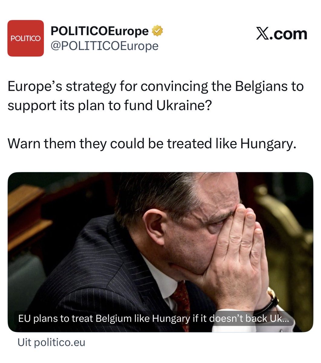 Disgraceful! This not the way forward for European unity &amp; cooperation, <a href="/EU_Commission/">European Commission</a> <a href="/vonderleyen/">Ursula von der Leyen</a> <a href="/antoniocostapm/">António Costa</a> <a href="/EUCouncil/">EU Council</a>! 

Threatening Belgian government <a href="/Bart_DeWever/">Bart De Wever</a> with exclusion from the EU table over legitimate concerns would have unthinkable consequences -