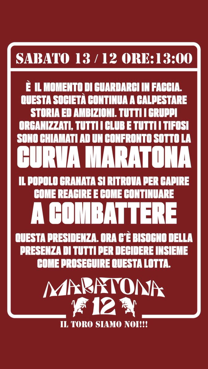 ‼️📸La Curva Maratona comunica che i gruppi organizzati, i club e i tifosi si ritroveranno sotto la curva sabato 13 prima della partita #TorinoCremonese. #Torino ⬇️