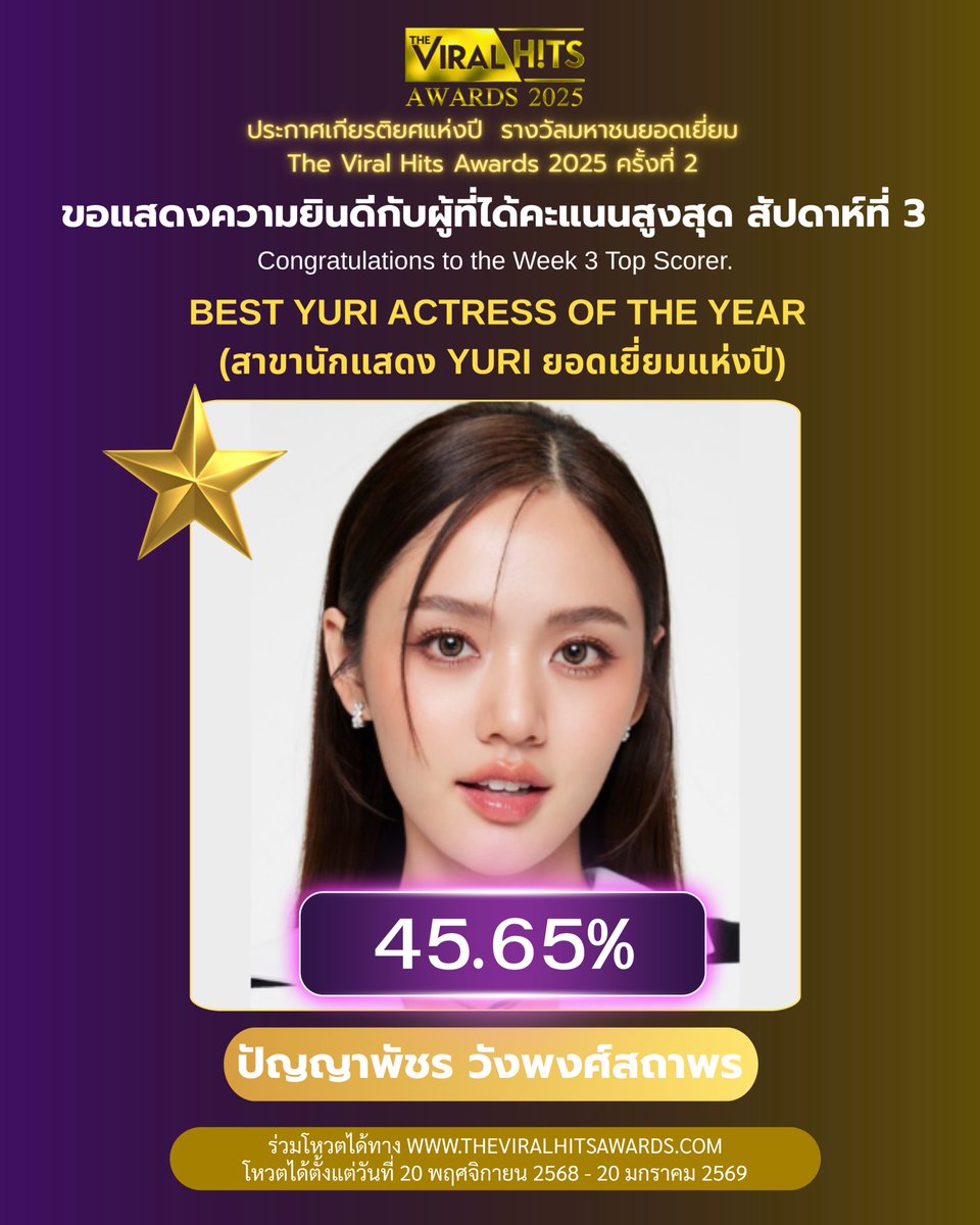 Theviralhits_th's tweet photo. 🎉 ขอแสดงความยินดีกับ “ปัญญาพัชร วังพงศ์สถาพร” ผู้ที่ได้คะแนนสูงสุดในสาขา BEST YURI ACTRESS OF THE YEAR  (สาขานักแสดง YURI ยอดเยี่ยมแห่���ปี) ประจำสัปดาห์ที่ 3 (4ธันวาคม-10ธันวาคม 2568) 

ในคะแนน 45.65% 

✨และพิเศษ ✨
ศิลปินจะได้รับ โบนัส +1,000 คะแนน 

ทุกคะแนนคือพลังที่ผลักดันเขาไปสู่เวทีรางวัลที่ยิ่งใหญ่ที่��ุด The Viral Hits Awards 2025 🎉

⭐ ร่วมโหวตตอนนี้ที่:
👉 https://t.co/nJlA6MY3R9

🆓 โหวตฟรี 3 คะแนนต่อวัน / บัญชี
💎 โหวตพิเศษ 1 คะแนน = 1 บาท

สัปดาห์หน้าอันดับจะเปลี่ยนไปหรือไม่ อย่าลืมไปโหวตให้เมนของคุณขึ้นเป็นอันดับ1 ‼️
________________________________________

🎉 Congratulations To “ปัญญาพัชร วังพงศ์สถาพร” The person with the highest score in the Branch  BEST YURI ACTRESS OF THE YEAR
Week 3 (December 4 - December 10, 2025)

In the score of 45.65%

✨And special✨
The artist will receive a bonus of +1,000 points.

Every vote you cast fuels their journey to the grand stage of
The Viral Hits Awards 2025 🎉

⭐ Vote now at:
👉 https://t.co/nJlA6MY3R9

🆓 Free Votes: 3 votes per day / account
💎 Special Votes: 1 vote = 1 THB

Will the ranking change next week? Don't forget to vote for your artist to be number 1.‼️

#theviralhits
#theviralhitsawards2025