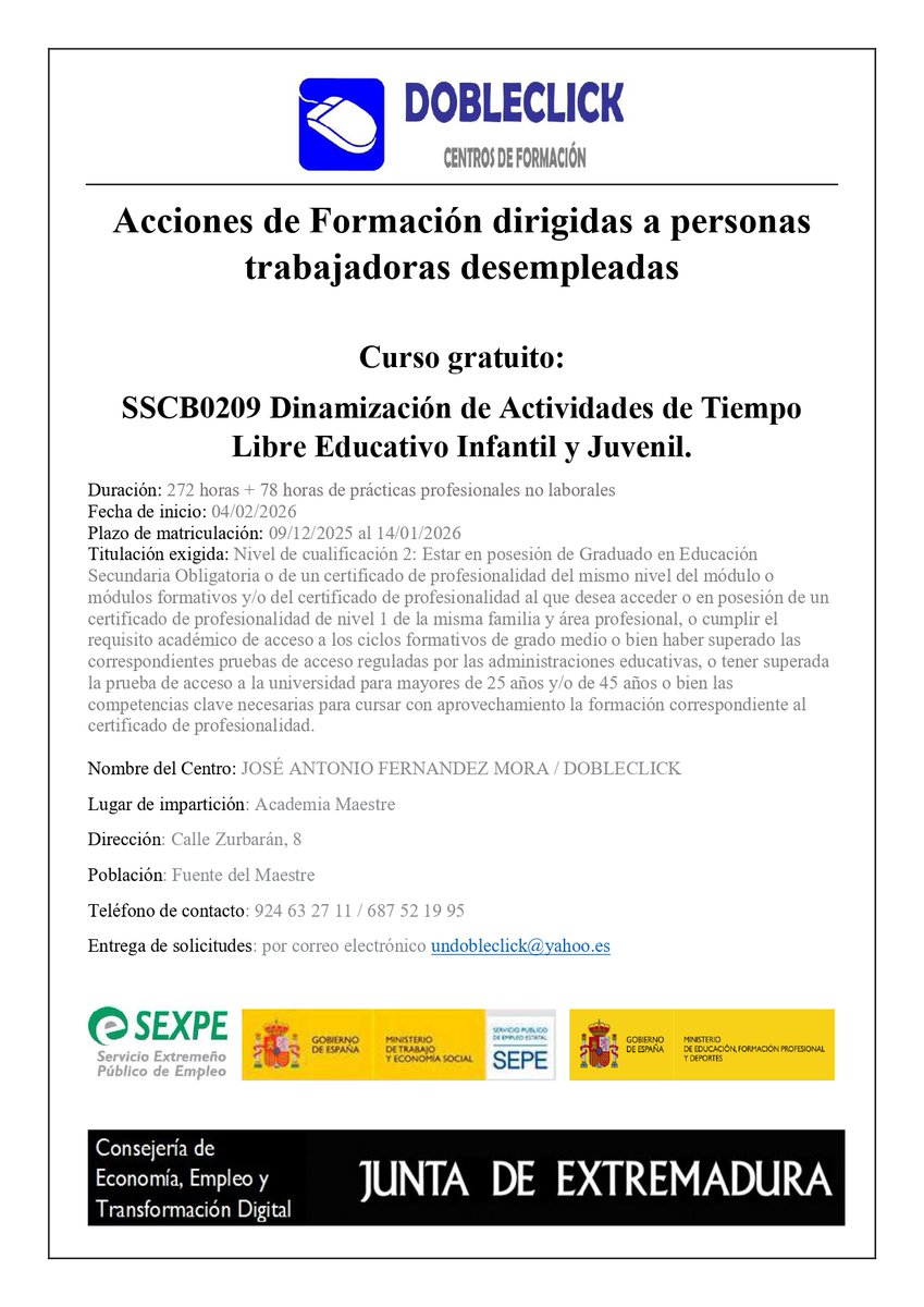 sexpeemplea's tweet photo. 👉 Os hacemos llegar nuevos carteles de cursos que comenzarán próximamente.
✅ Descarga la solicitud a través de nuestro buscador y mándala por correo electrónico:
https://t.co/vjUqJXZYiJ
#formación #SEXPEemplea #Extremadura https://t.co/TBXeUeHXQB