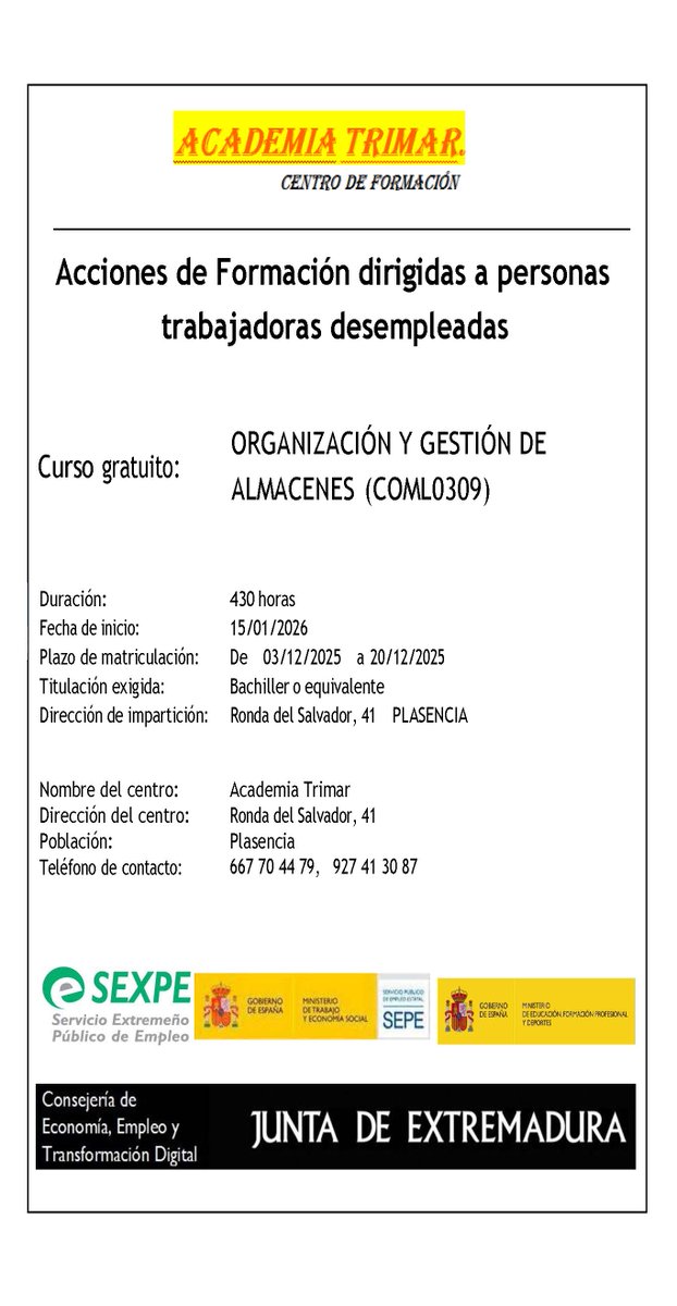 sexpeemplea's tweet photo. 👉 Os hacemos llegar nuevos carteles de cursos que comenzarán próximamente.
✅ Descarga la solicitud a través de nuestro buscador y mándala por correo electrónico:
https://t.co/vjUqJXZYiJ
#formación #SEXPEemplea #Extremadura https://t.co/TBXeUeHXQB