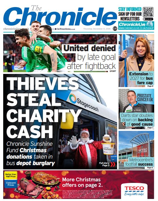 Today's <a href="/ChronicleLive/">The Chronicle</a> front page: the awful theft of charity cash donated by generous <a href="/StagecoachNE/">Stagecoach NorthEast</a>  customers to the <a href="/Sunshine_Fund/">Sunshine Fund</a>'s vital Christmas appeal. If you can help, our fundraising page to replenish the lost cash is here: justgiving.com/campaign/sunsh…. Thank you so much💛🌻
