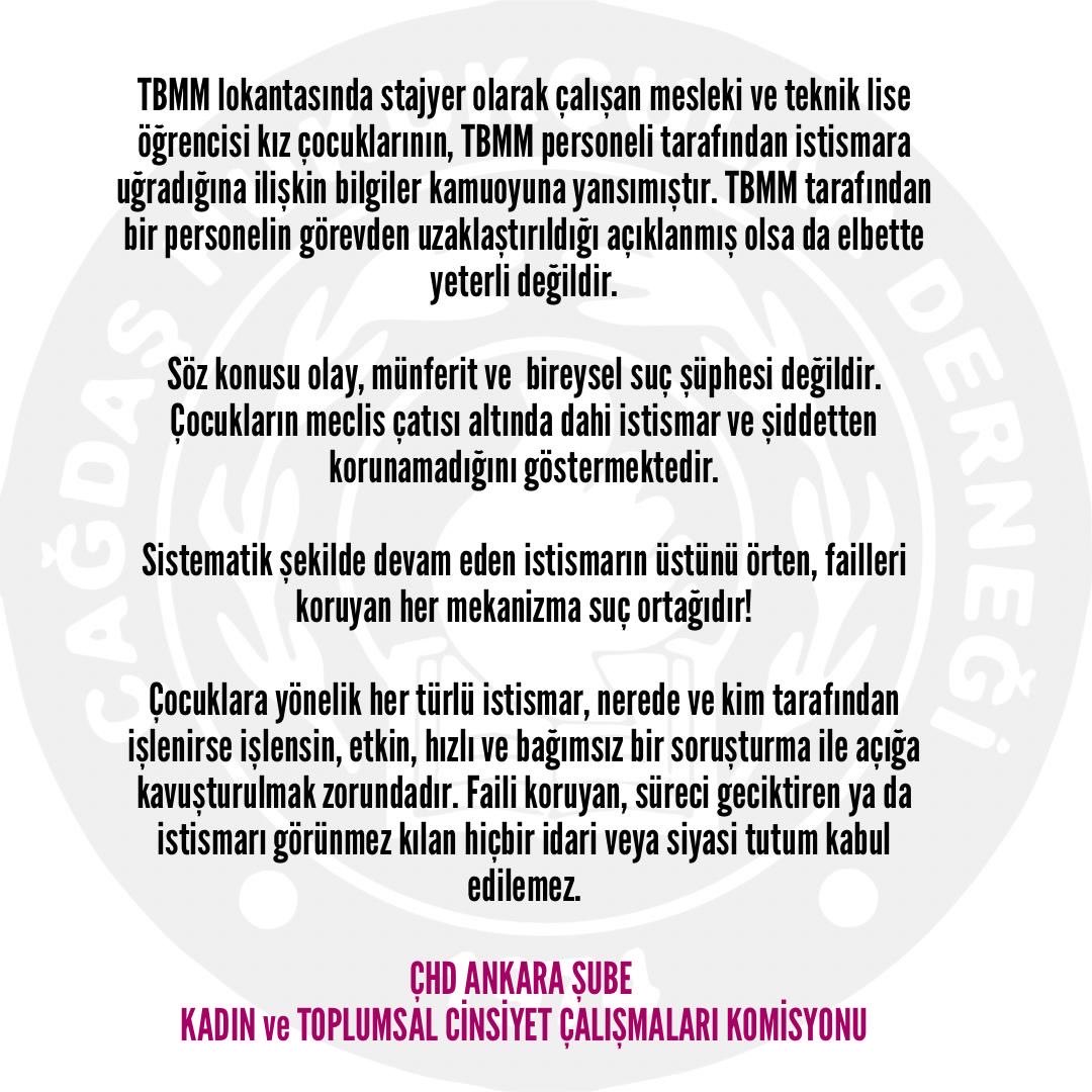 TBMM personeli tarafından stajyer olarak çalışan kız çocuklarının yıllardır istismara maruz bırakılması; cezasızlığın meclis çatısı altında dahi failleri nasıl cesaretlendirdiğini gösteriyor. 

Meclisteki istismarı aklama, failleri yargıla!