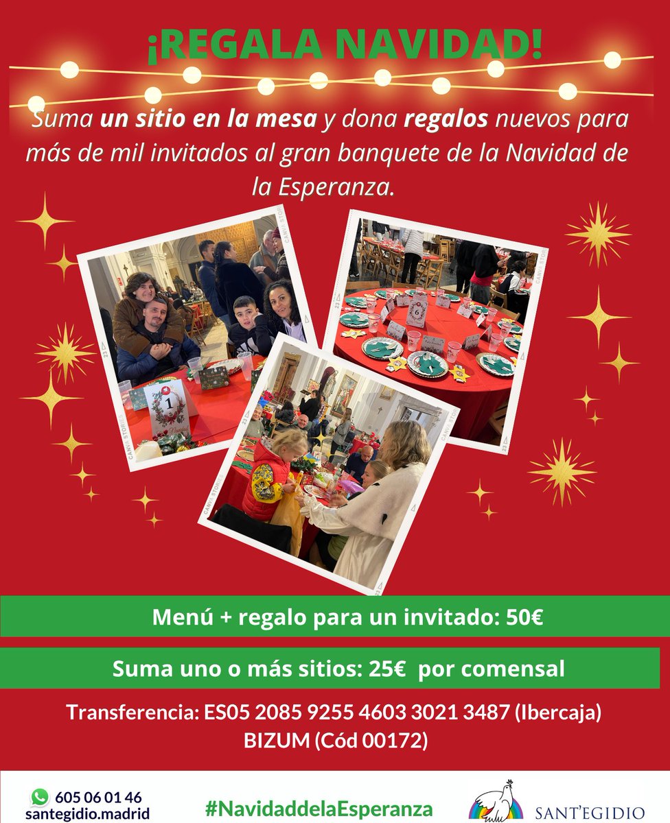 Comparte tu luz: suma un sitio en la mesa y dona regalos nuevos. Te explicamos las distintas formas de participar en esta #NavidaddelaEsperanza con @SantEgidiomad 
➡️stgd.io/regalanav25

Ven a la REUNIÓN INFORMATIVA #Navidad2025 
🗓️Domingo 14-DIC 
⏰17.30 en <a href="/IglesiaMaravill/">IglesiaMaravillas</a>