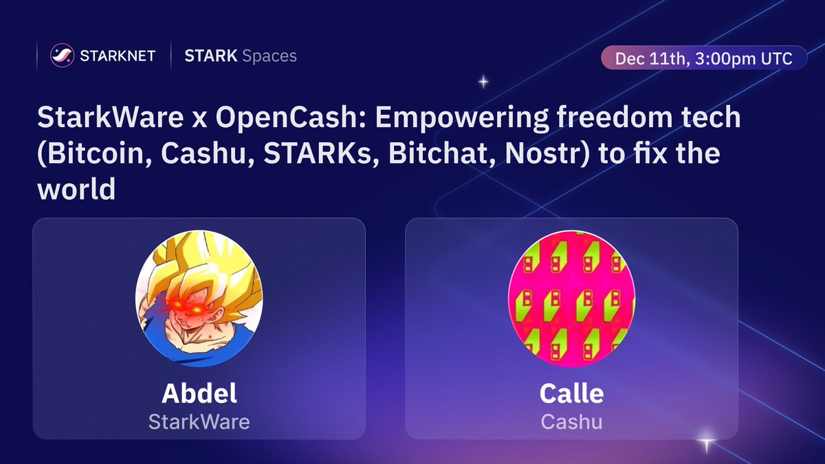 Bitcoin is built on verifiability, security, and human freedom. StarkWare  fully embraces these values and proudly supports nonprofit organizations  defending them. Join @AbdelStark and @callebtc today at 3:00 p.m. UTC to  learn