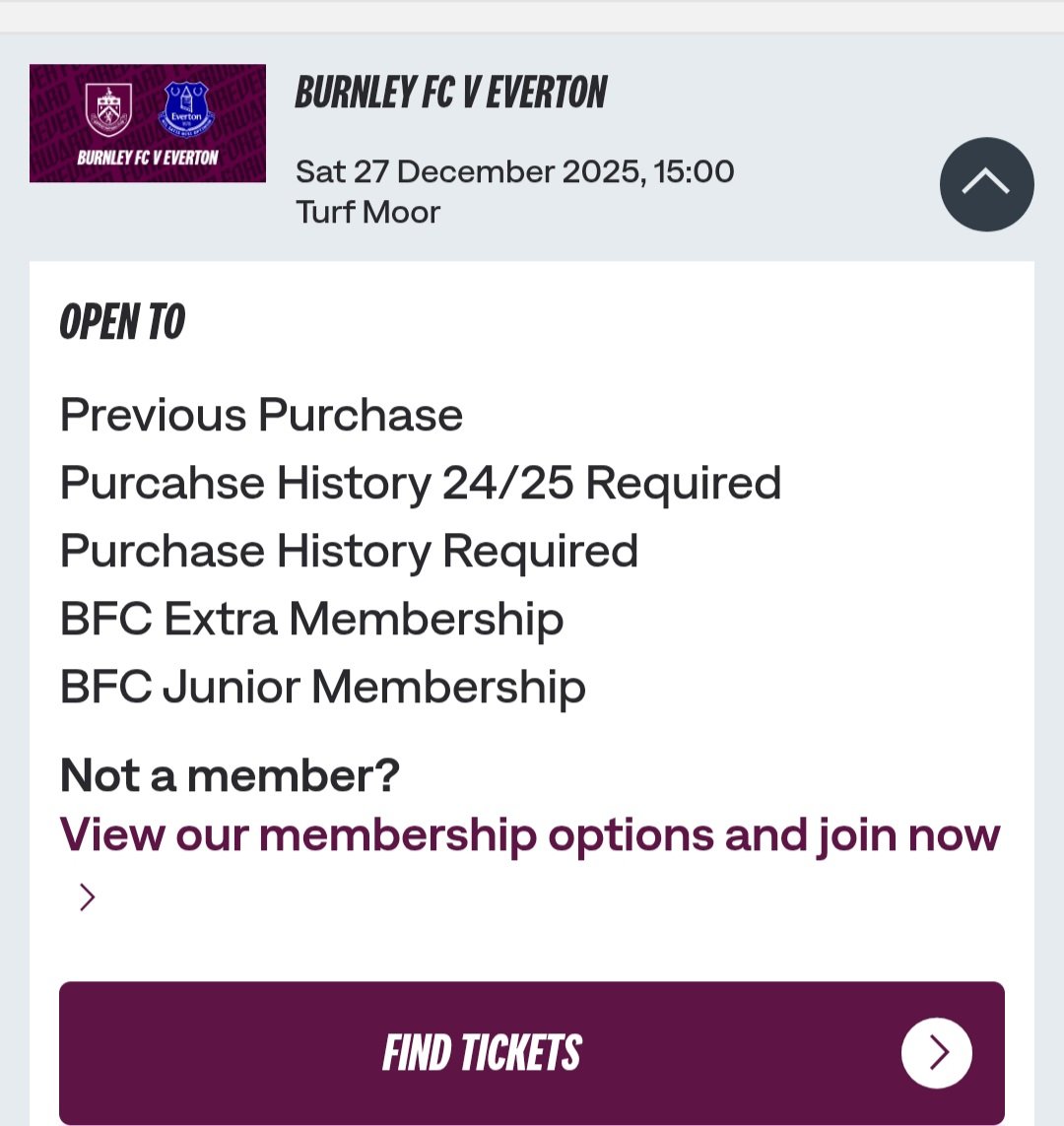 clairebfc's tweet photo. @BurnleyOfficial why as a season ticket holder it says i can't buy any tickets for Everton yet?? Obviously I have a purchase history! https://t.co/14WYpTrx7W