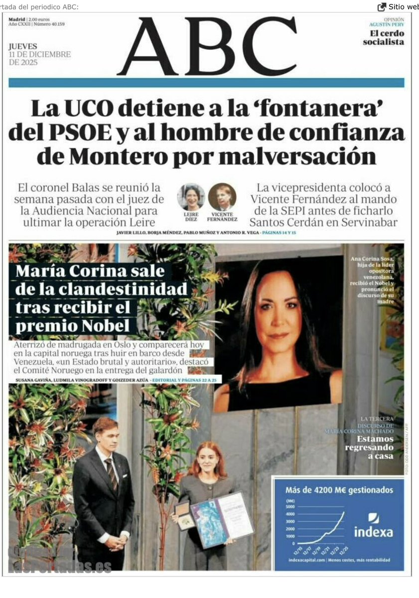 La portada de <a href="/abcespana/">ABC España</a> hoy reúne en un mismo espacio a una heroína de la libertad despreciada por el Gobierno de España y dos presuntos delincuentes que encarnan la forma de actuar de ese Gobierno. Eso es el sanchismo: un régimen corrupto y liberticida. Eso es <a href="/sanchezcastejon/">Pedro Sánchez</a>