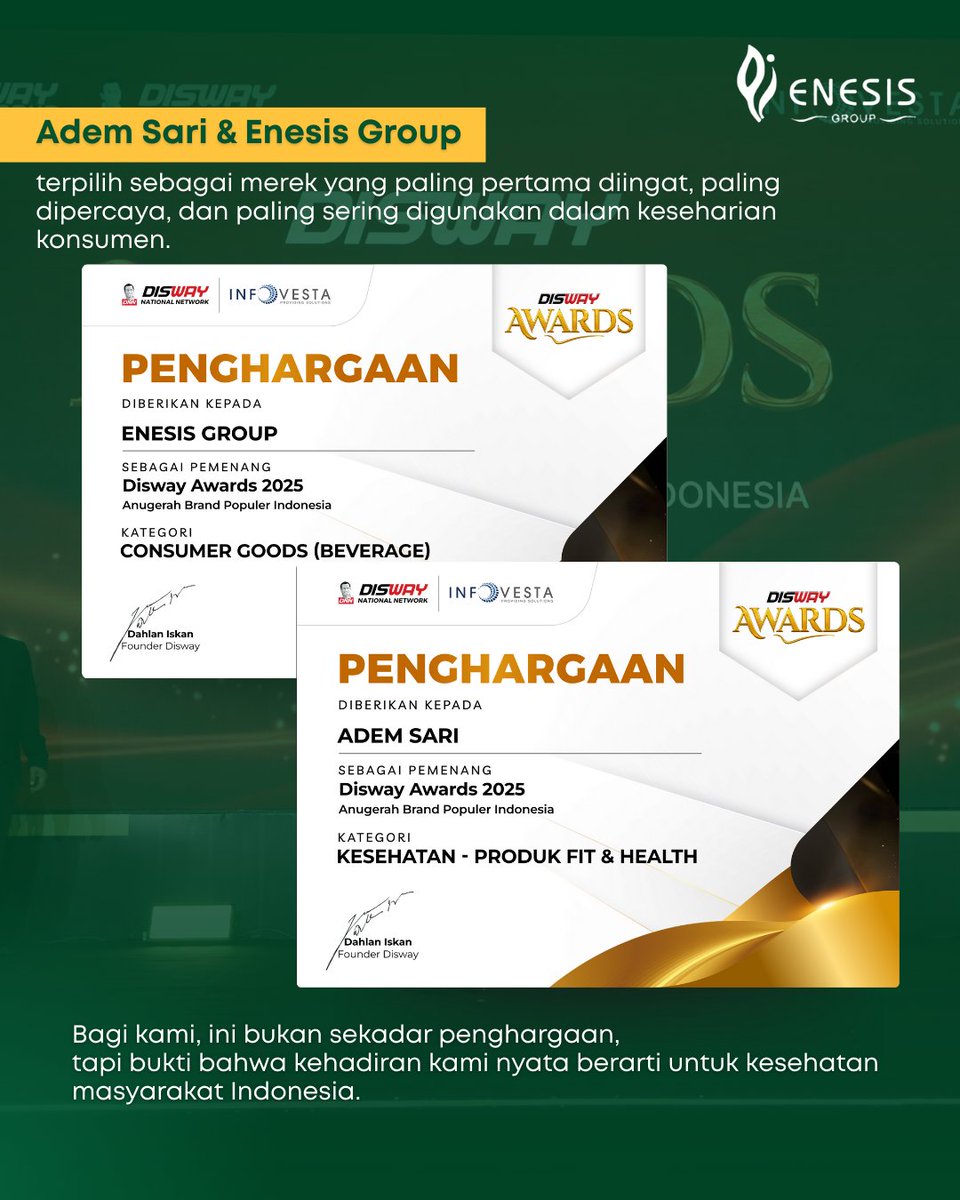 Bukan sekadar award, ini apresiasi dari masyarakat Indonesia.

Terima kasih atas kepercayaannya!

#DiswayAward2025 #fmcgproducts #EnesisGroup