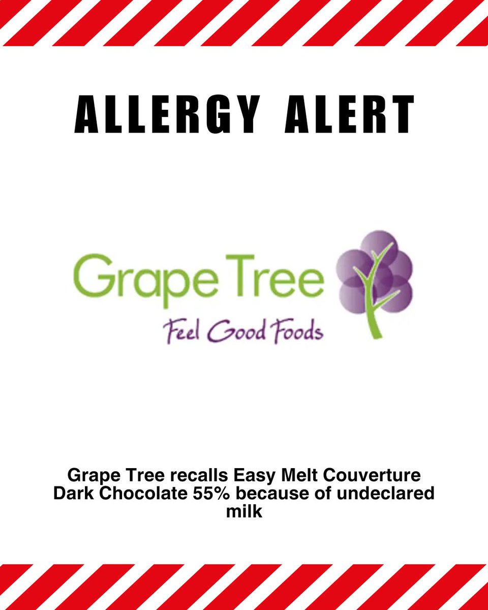 Grape Tree is recalling Easy Melt Couverture Dark Chocolate 55% because it contains milk which is not mentioned on the label. This means the product is a possible health risk for anyone with an allergy or intolerance to milk or milk constituents.

food.gov.uk/news-alerts/al…