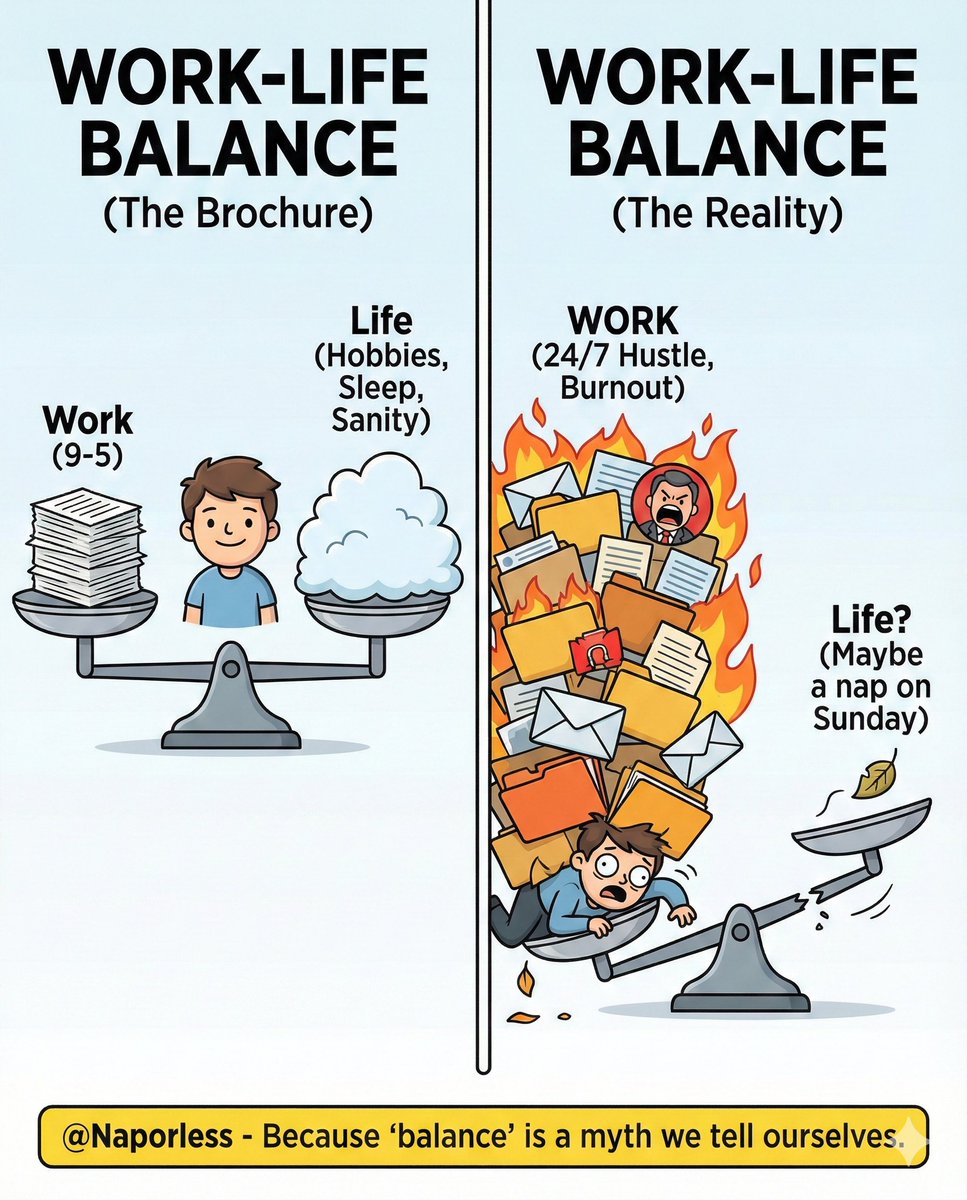 naporlesss's tweet photo. I’d like to speak to whoever designed the "Work-Life Balance" brochure because I think I got the defective version. ⚖️🔥

My "life" side is currently just one wilting leaf and a scheduling conflict. 🍂🥲

#Naporless #WorkLifeBalance #Burnout #Adulting https://t.co/zVHyuBLN7w