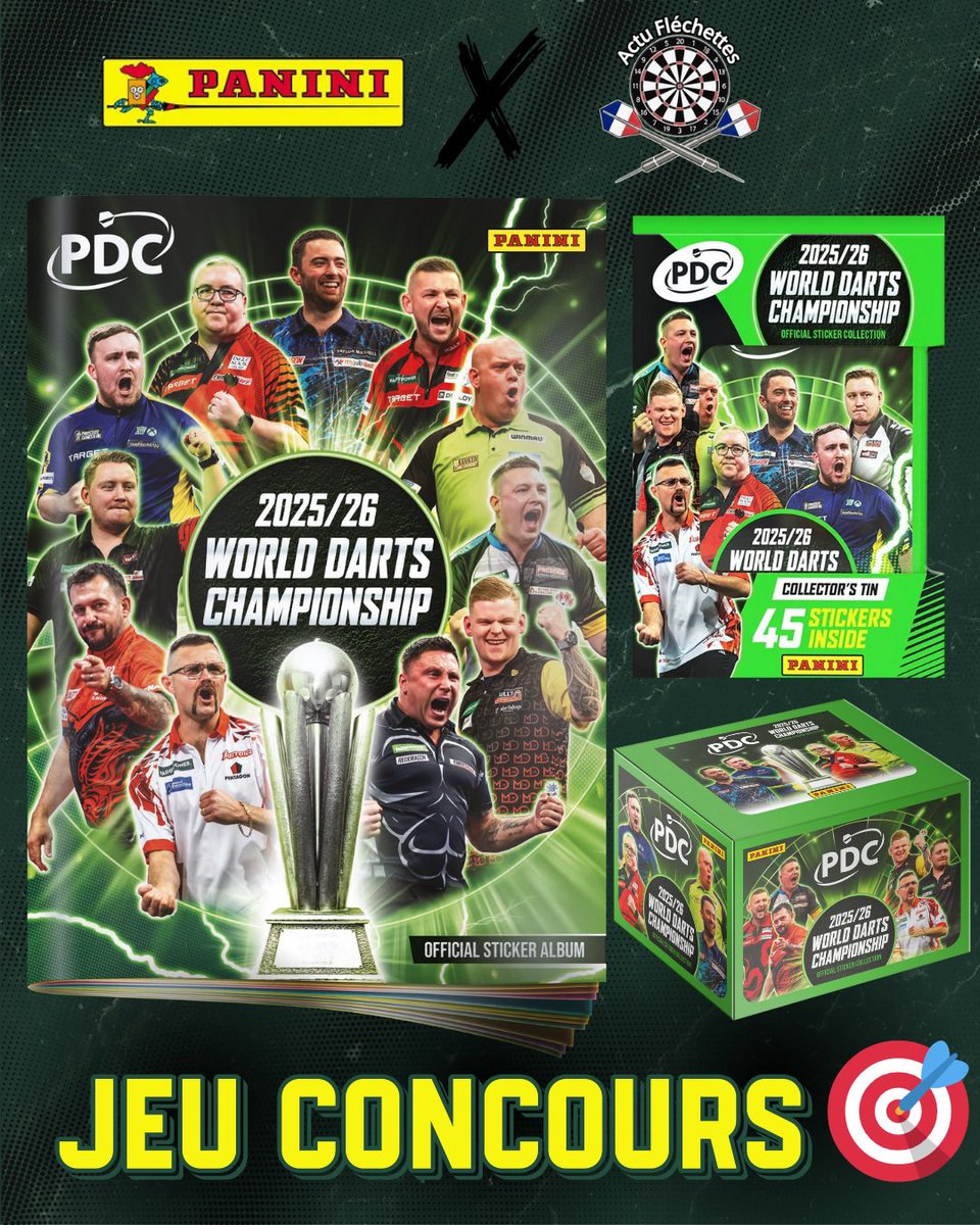 ActuFlechettes's tweet image. Avec @Panini_fr, on vous fait gagner la nouvelle collection PANINI WORLD DARTS CHAMPIONSHIP 2025/26 !! 🎯🆕 

La collection comprend :

1 set avec :
-Album 
- Boîte de 50 pochettes 
- Tin Box 

Pour jouer :

→  RT ce tweet
→  Follow @ActuFlechettes + @Panini_fr

→  Tirage le…