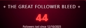 First stream back to streaming somewhat regularly, and I decided to make a game out of all the followers i'm about to lose over the next few months.

Well we get to the Positive version one day?  👀
(I have a system in place that will ignore botting)

LET THE BLEED COMINCE!