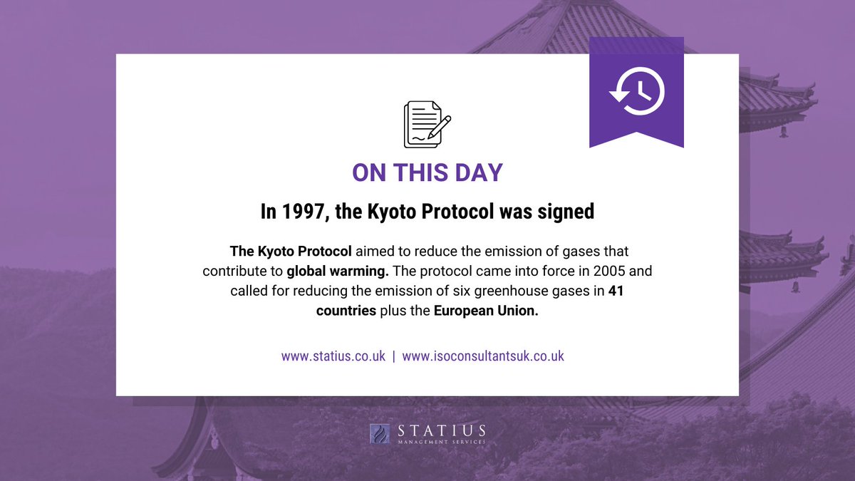 ThisIsStatius's tweet image. #OnThisDay in 1997, the #KyotoProtocol was signed with the aim to reduce the emission of gases that contribute to global warming in industrialised countries 🌍

The treaty has been in force since 2005, but have we done enough? Is the next step #NetZero?

#ISO14001 #GlobalWarming