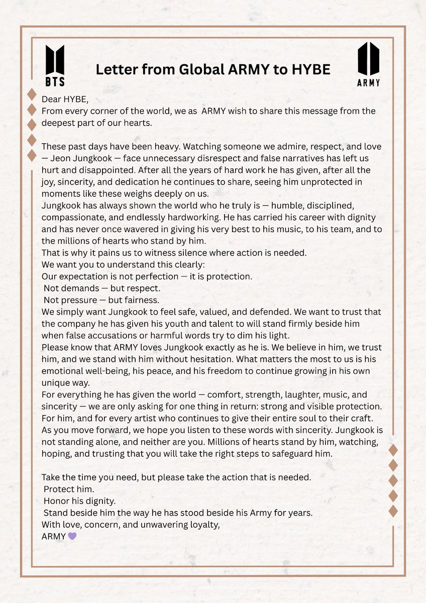 pujadas88's tweet photo. Letter from ARMY to HYBE 
Spread this message across all platforms — especially on Weverse!
Let HYBE hear our voices, our concern, and our love for Jungkook.
Send all your support and strength to #Jungkook 💜

WITH JK TILL THE END
#ProtectJungkook
#HYBEProtectYourArtist
#btsarmy https://t.co/5NZDssi9sp