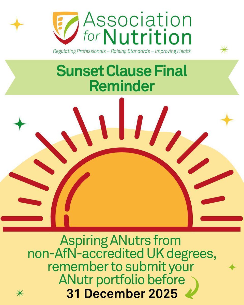 Final Reminder! The AfN ANutr Portfolio Pathway for UK graduates closes on 31st December 2025.

If you would like to apply to register via this route, please ensure you have submitted your complete portfolio application by the deadline.

#AfNSunsetClause