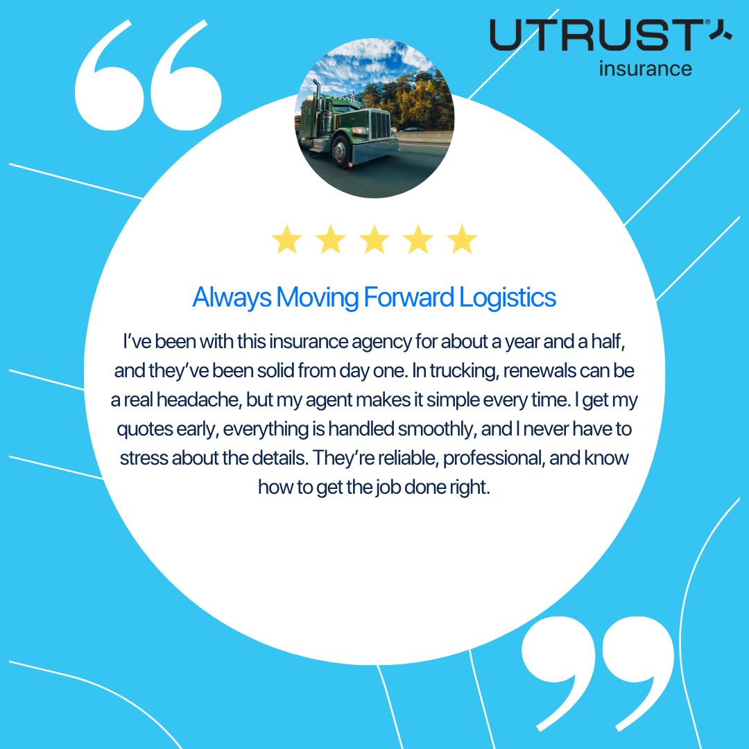 utrustinsurance's tweet image. Another happy customer! 🙌
Shoutout to Always Moving Forward Logistics for the 5-star review.

✅ Fast quotes
✅ Smooth renewals
✅ Reliable support

We’re proud to help you stay focused on the road.

#TruckingInsurance #ClientSuccess #UTrustInsurance #FleetSupport