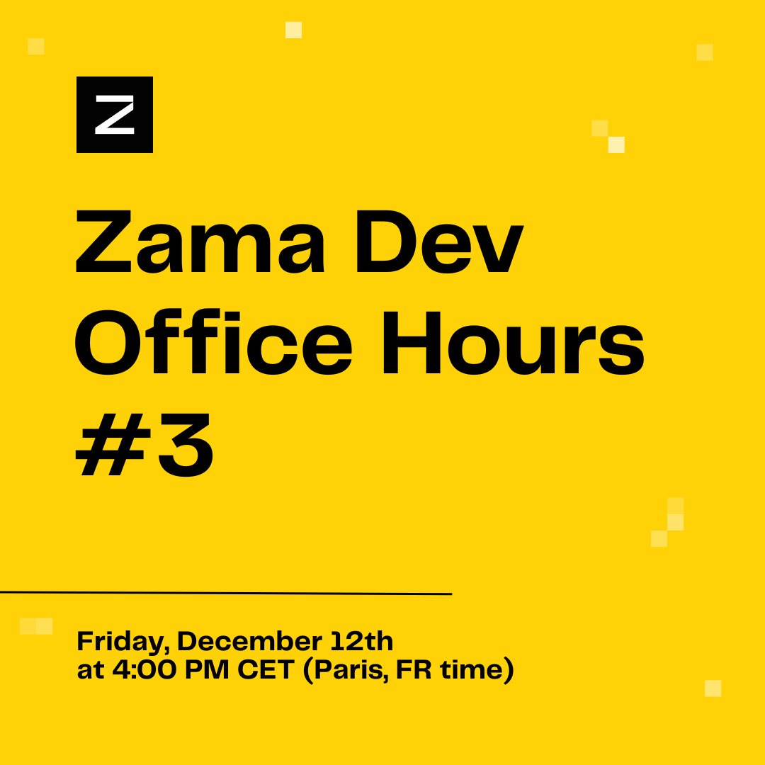 Join us tomorrow for another Zama Dev Office Hours!
Bring any questions you have about Zama, our tech stack, or FHE, all are welcome :)
👾 Hosted by <a href="/poppyseedDev/">Aurora Poppyseed</a> on the Zama Discord
🔗 Register: luma.com/zama-dev-offic…