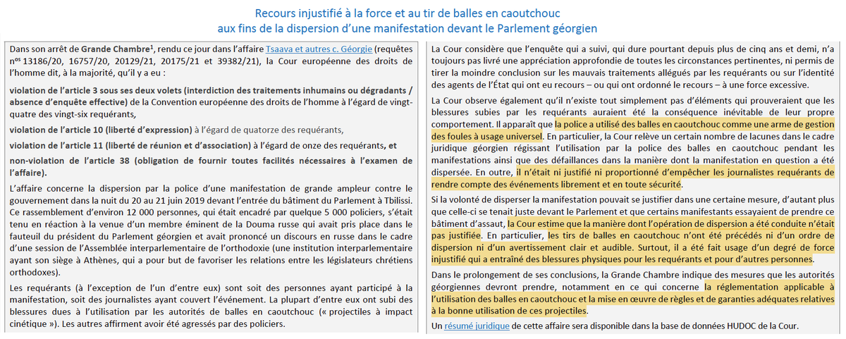 Droits &amp; libertés en manifestation : Important arrêt de Grande Chambre rendu par la CEDH.

Où elle condamne les conditions de tirs, par la police, de balles en caoutchouc pour disperser la foule.

Et juge que les journalistes ne pouvaient être empêchés de couvrir les évènements.