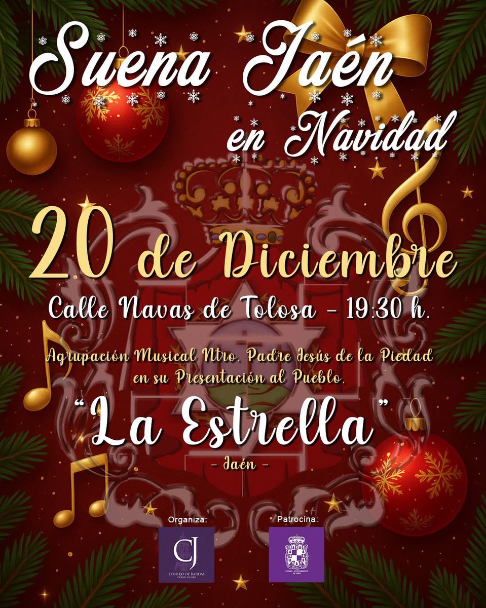 🎄🎉𝐒𝐮𝐞𝐧𝐚 𝐉𝐀𝐄́𝐍 𝐞𝐧 𝐍𝐀𝐕𝐈𝐃𝐀𝐃💜🎶

El 𝟐𝟎 𝐝𝐞 𝐝𝐢𝐜𝐢𝐞𝐦𝐛𝐫𝐞, la <a href="/AmEstrellaJaen/">A.M. La Estrella de Jaén</a> realizará un concierto en la céntrica 𝐂𝐚𝐥𝐥𝐞 𝐍𝐚𝐯𝐚𝐬 𝐝𝐞 𝐓𝐨𝐥𝐨𝐬𝐚 de nuestro Jaén.

#Jaén #ConsejoBandasCJ #JaénEnNavidad