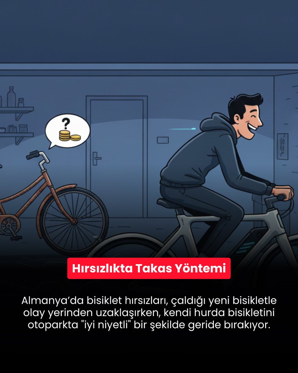 Almanya'da hırsızlar, çaldığı yeni bisikletle olay yerinden uzaklaşırken, kendi hurda bisikletini otoparkta "iyi niyetli" bir şekilde geride bırakıyor.

Vatandaşlar, "Bu, hırsızlık değil, bir tür 'zorla takas' veya 'istenmeyen bağış' olayı olarak değerlendiriyor.