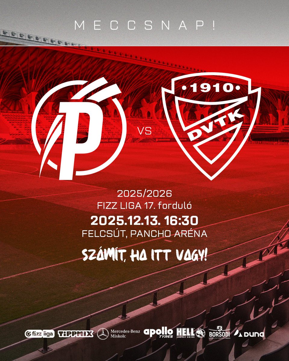 DVTKeu's tweet photo. 🔥 MECCSNAP 🔥

⚽ PAFC - #DVTK
🏆 Fizz Liga 17. forduló
🏟️ Felcsút, Pancho Aréna
📅 2025. december 13., szombat
⌚ 16:30
📺 M4 Sport
💻 https://t.co/61K3iSoxZ7
📱 https://t.co/poHvuUN1RX
🎫 https://t.co/JXpGJJSI7U https://t.co/tnJ4gZHJAg