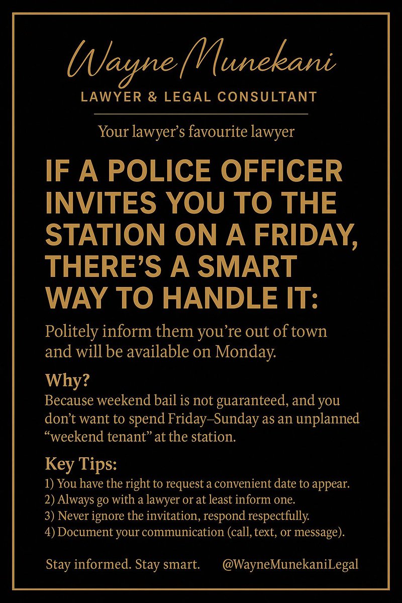 WayneMuneksEsq's tweet image. Getting arrested on a Friday means one thing!!!…your weekend plans just changed. Know your rights before you ever need them.

#LegalTips #KnowYourRights #LawTalk #LegalAdvice #AttorneyLife
#LawFirm #FridayFacts 

Disclaimer: This is general information only and not legal advice.