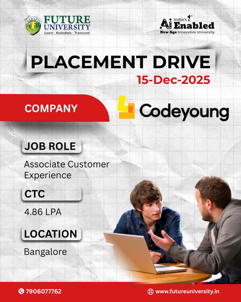 futurebareilly's tweet photo. To all the young and bright students-Future University brings you one more golden opportunity!
International sales Specialist and Associate Customer Experience at @Codeyoung_india  is now open. 
For any enquiries, feel free to reach out!

#Futureuniversity #Placement #Codeyoung https://t.co/vzaO30breL