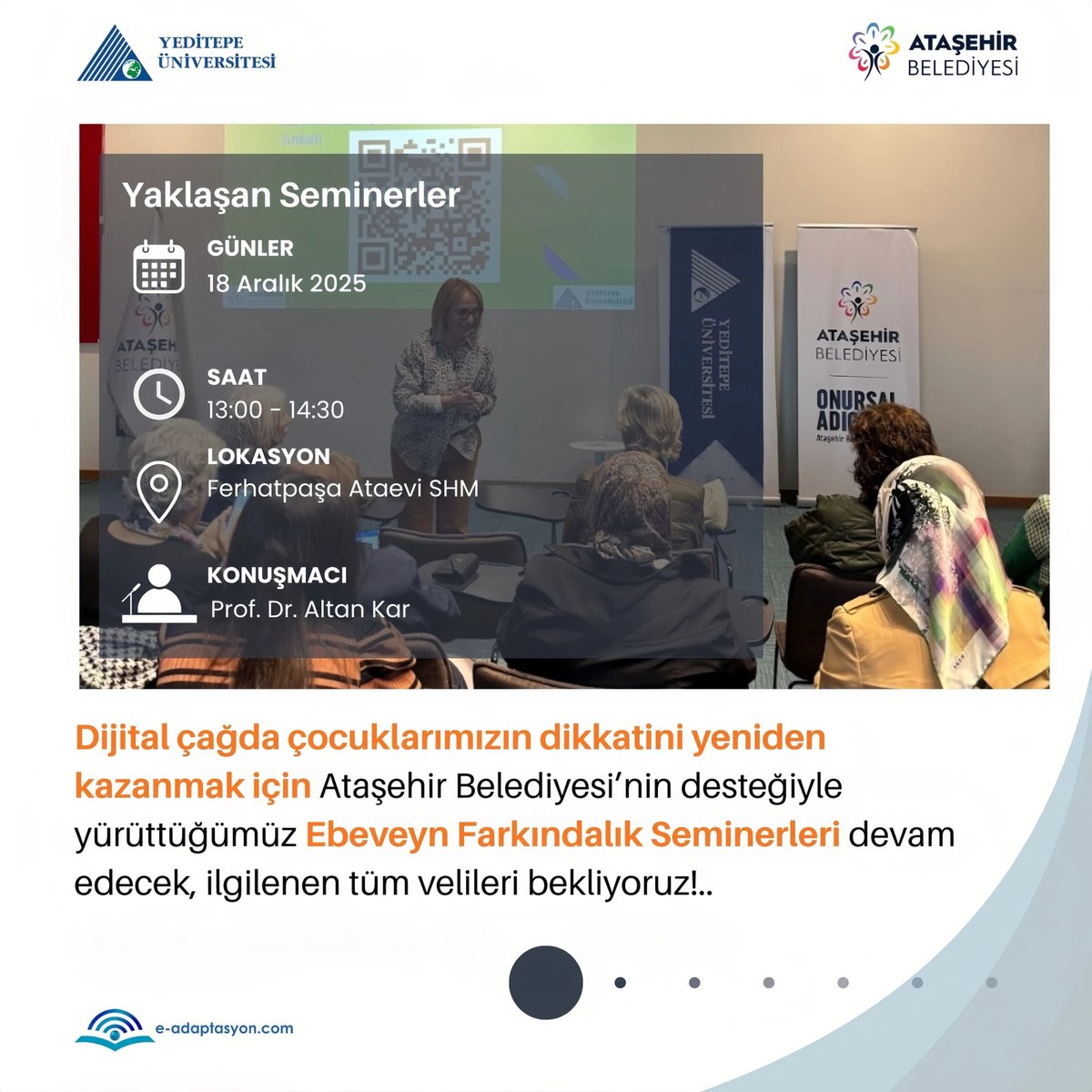 Çocukların ekran süresi, dikkat yönetimi ve dijital alışkanlıklarını konuşuyoruz.
Ataşehir Belediyesi desteğiyle yürüttüğümüz Ebeveyn Farkındalık Seminerleri (SETAP) devam ediyor.
Katılan tüm velilere teşekkürler. 🌿