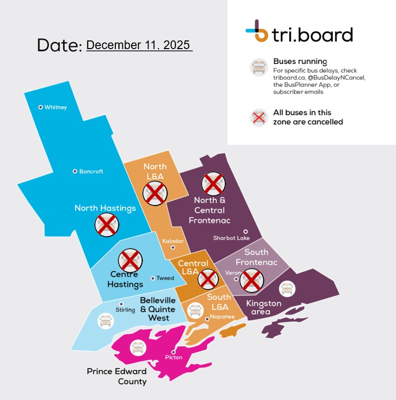 Tri-Board Transportation map showing bus cancellations in Tri-Board’s North Hastings, Centre Hastings, North Lennox & Addington, Central Lennox & Addington, North & Central Frontenac and South Frontenac weather zones today. 