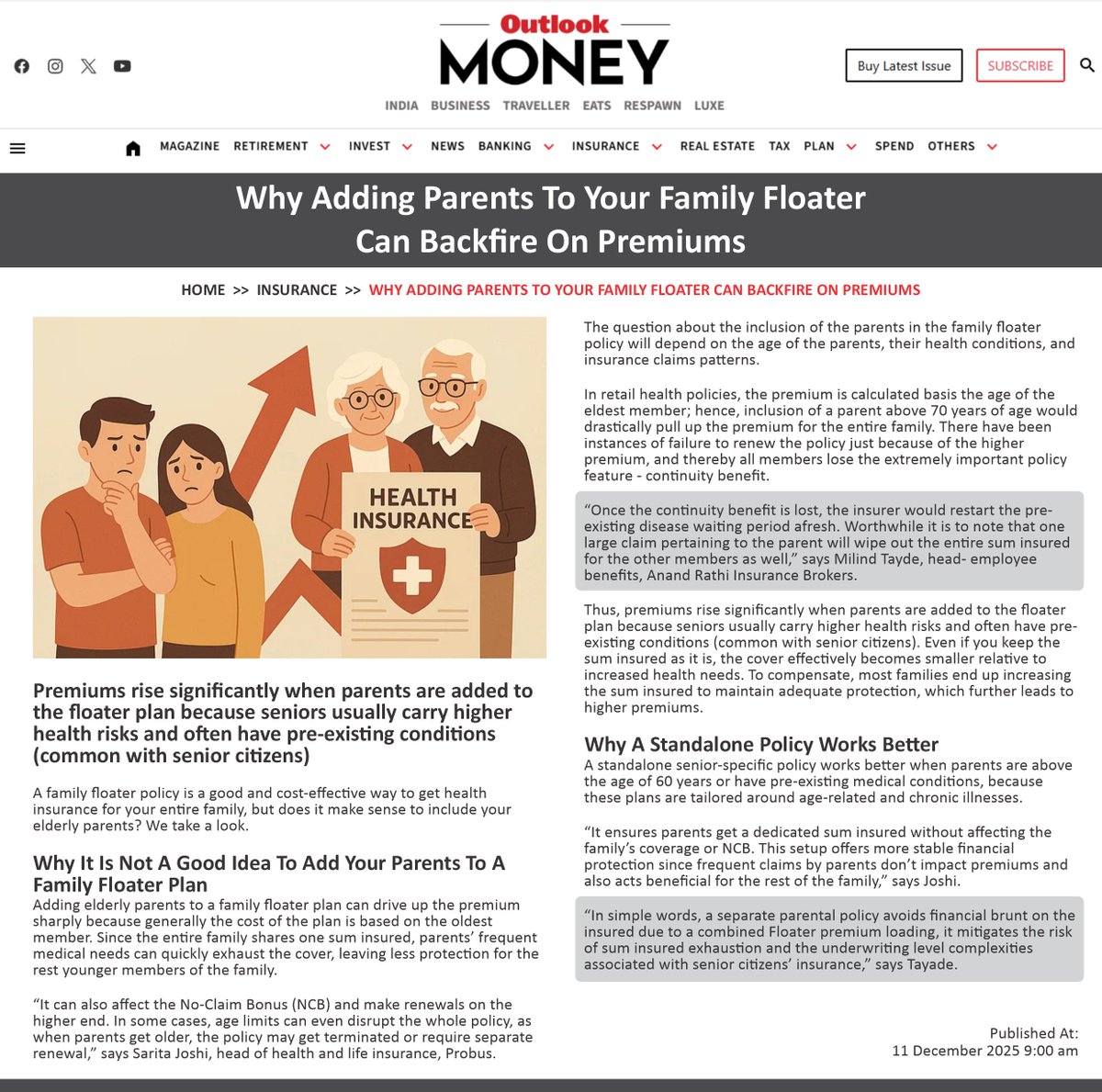 InsuranceRathi's tweet image. Media Mention – Expert Speak📢

Our EB Head, Milind Tayde, shares why adding parents to a family floater can sharply increase premiums—especially with pre-existing conditions and continuity benefit risks.

Read more: shorturl.at/t2MyG

#ARIBL #OutlookMoney #News #Insurance