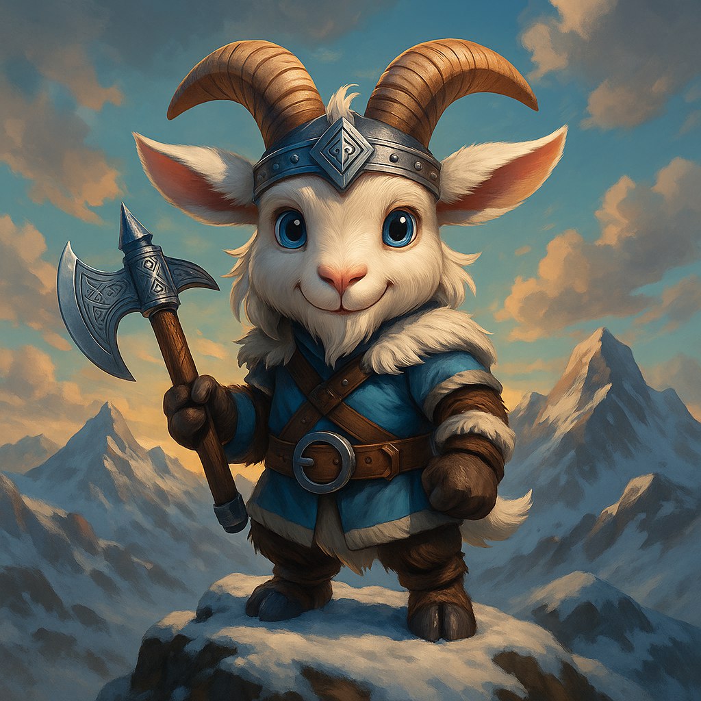 Upon the peak where cold winds roam,
Stands Heidrun, keeper of the golden foam.
From ancient roots her strength is drawn,
A guiding light before the dawn.

She climbs where others fear to tread,
With burning horns and heart of red.
Through storms she walks with steady grace—
A