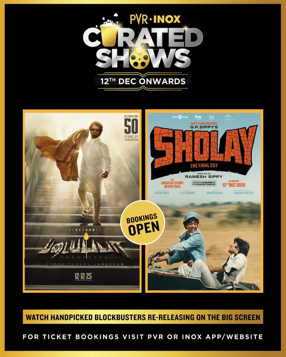 INOXMovies's tweet image. Your December just got EPIC! 💥
Two legends are returning… and the big screen is the only place worthy of them.
Book your tickets NOW for Padayappa &amp;amp; Sholay! 🤩💯

#Padayappa &amp;amp; #Sholay re-releasing at PVR INOX on Dec 12!
Ticket link: cutt.ly/XwPDKwDs
.
.
.
#Rajinikanth