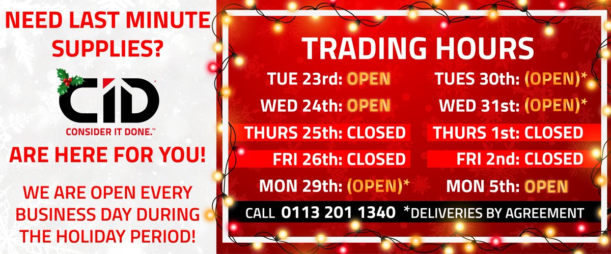 CIDGroupUK's tweet photo. 🎄As we approach the holiday season, please note our Christmas &amp; New Year opening times:

⚠️ Important Dates ⚠️
🚚 Wednesday 24th Dec - Last delivery date this year
🚚 Monday 5th Jan - First delivery day of 2026

#civils #safety #utilities #tools #groundworks #constructionuk https://t.co/qJmYsrIk6c