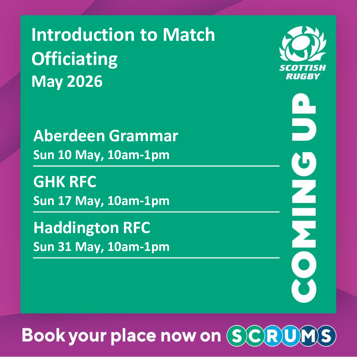 SRCommunityGame's tweet photo. 📢 Introduction to Match Officiating Courses 📢

Start your refereeing journey now! 

Our May 2026 ITMO courses are now live and you can sign up to them via SCRUMS.

https://t.co/jhKx00Syb4 https://t.co/NPuRUR6ZNt