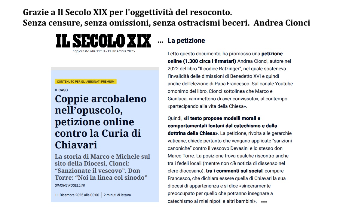 CionciAndrea's tweet photo. Finalmente un po' di giornalismo NORMALE. Grazie a @ilsecoloxix . Imparino @Libero_official e @LaVeritaWeb #Chiavari #petizione #Devasini #LeoneXIV https://t.co/2qxD0zhbuV