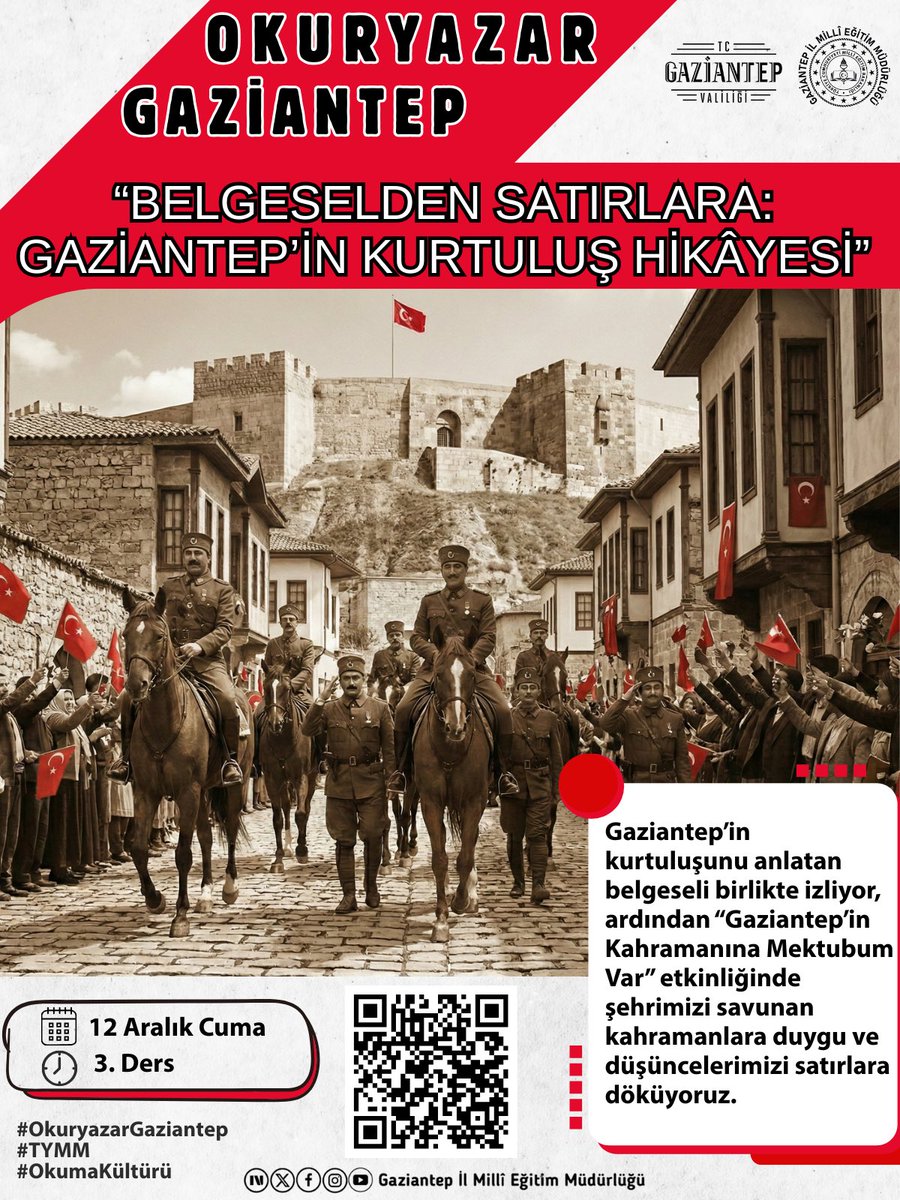 Gaziantep’in kurtuluşunu anlatan belgeseli izleyeceğiz, ardından “Gaziantep’in Kahramanına Mektubum Var!” etkinliğiyle kahramanlarımıza satırlarla selam göndereceğiz.🇹🇷

25 Aralık Gaziantep'in Kurtuluş Günü'nün 104. yıl dönümüne sayılı günler kala Türkiye Yüzyılı Maarif