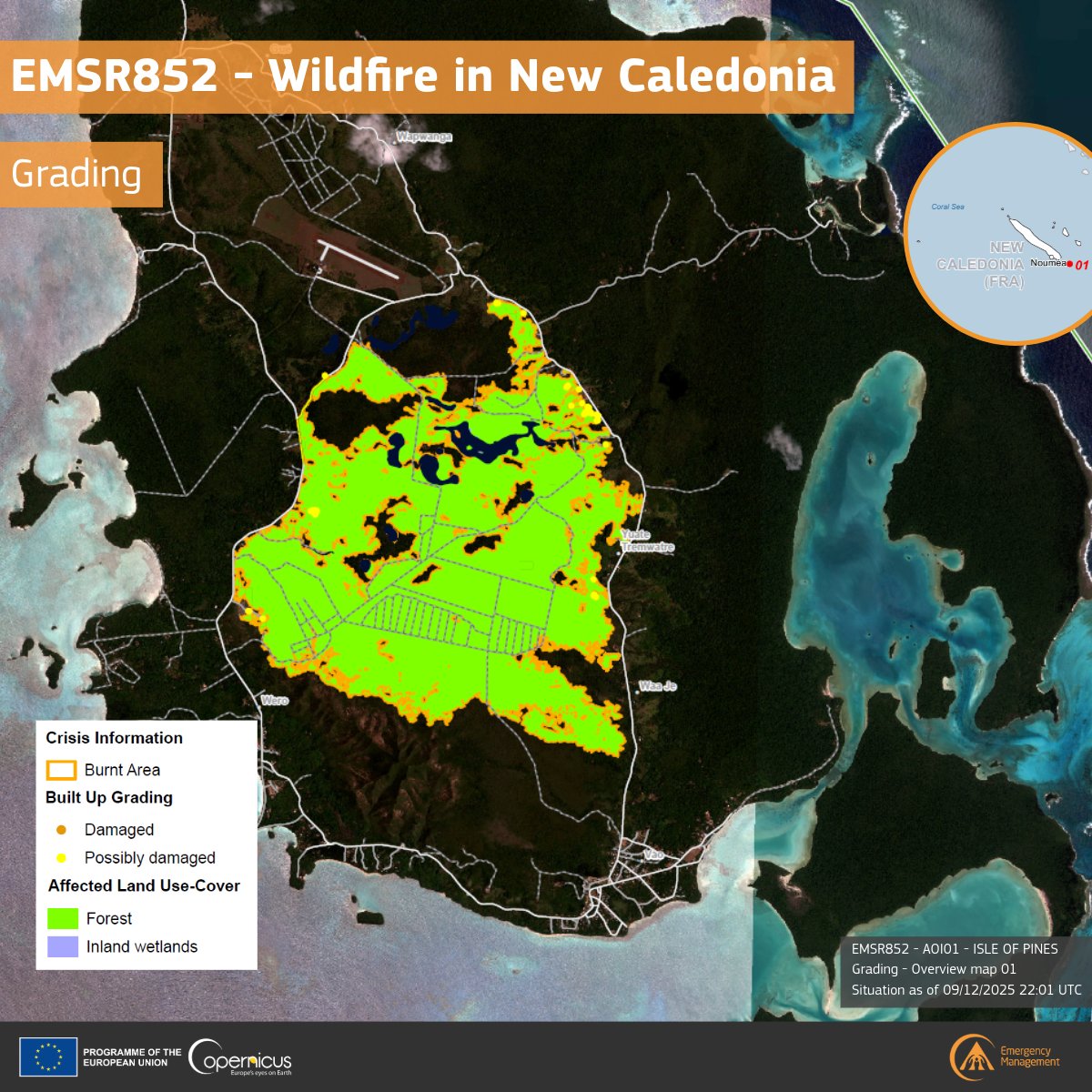 CopernicusEMS's tweet photo. ๐ฅ #EMSR852 โ Wildfire in New Caledonia ๐ณ๐จ ๐ซ๐ท
Grading from our #MappingTeam shows the fire affected 1.908.1 ha of forest and 8.3 ha of wetland.
The burnt zone also impacted 49 built-up structures on the island, and 1.5 km of road.
More information ๐ https://t.co/F3EpLdC4P6 https://t.co/Ro9NpV8vjT