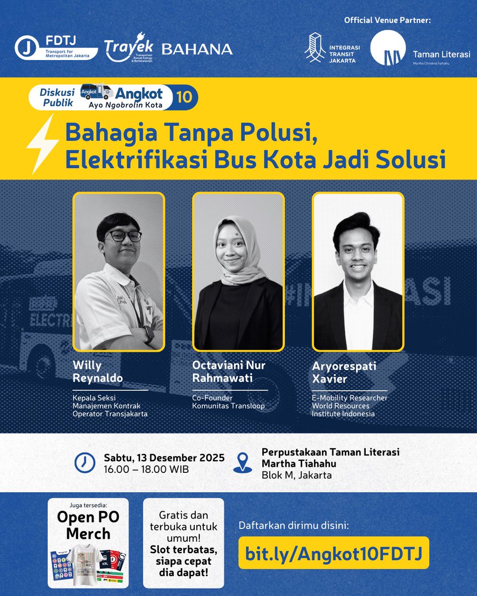 Kita akan ngobrol langsung elektrifikasi 🔌 sama <a href="/PT_Transjakarta/">Transportasi Jakarta</a> <a href="/transloopers/">Transloop ID ∞</a> <a href="/WRIIndonesia/">WRI Indonesia</a> di Angkot #10, dengan tema: 

Bahagia Tanpa Polusi, Elektrifikasi Bus Kota Jadi Solusi! 🔋

Tempat terbatas, yuk segera daftar di bit.ly/Angkot10FDTJ !